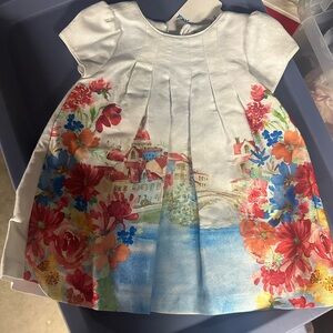 Mayoral Multicolored A-Line Dress with Puff Cap Sleeves